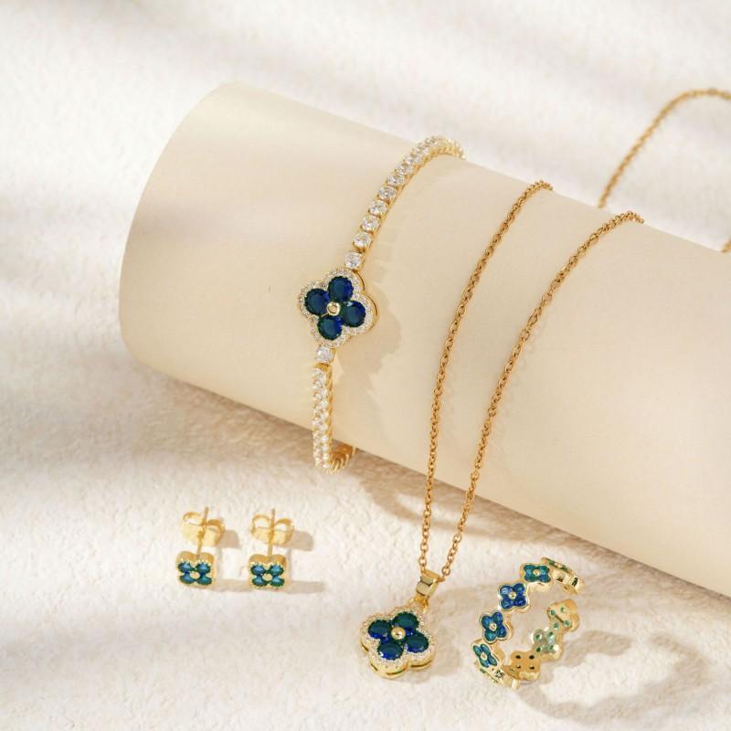 Elegant Four-Leaf Clover Floral Rhinestone Jewelry Set Women Earrings Necklace Bracelet Ring Chic Fashion Accessory