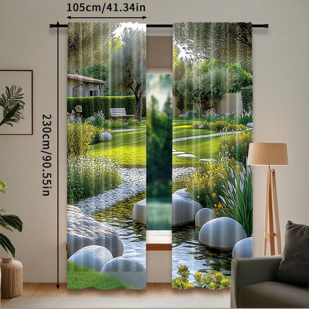 2 Stück Gartenvorhänge Japanischer Parkstil Erholungsblick mit Teich Gras Steinen und Bäumen Landschaft für Schlafzimmer Badezimmer