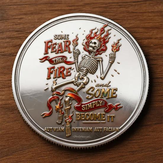 Skeleton Flame Challenge Coin Humorous Motivational Coin Positive Pocket Token for Women Men Colleagues Staff Coworkers