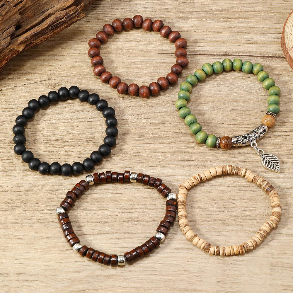 5-Piece Personalized Fashion Beaded Wood Bead Leaf Bracelet