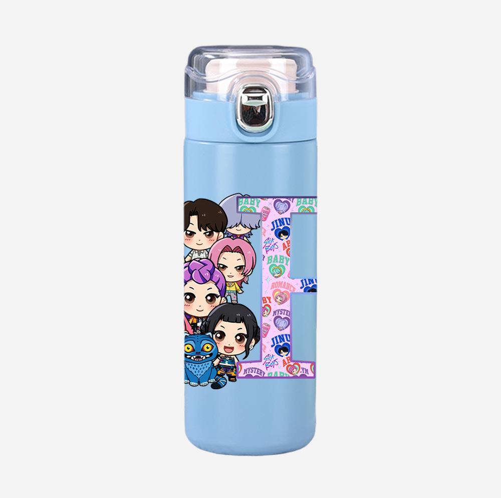 Anime K-Pop 26 English Letter Demon Hunters Printed 400Ml Water Bottle Thermos Cup Portable Stainless Steel Leak Proof Camping Water Cup Kid Gift