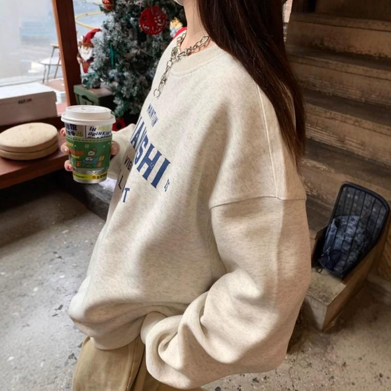 American Streetwear Vintage Oversized Crewneck Sweatshirt Winter Fleece Lined Casual Top