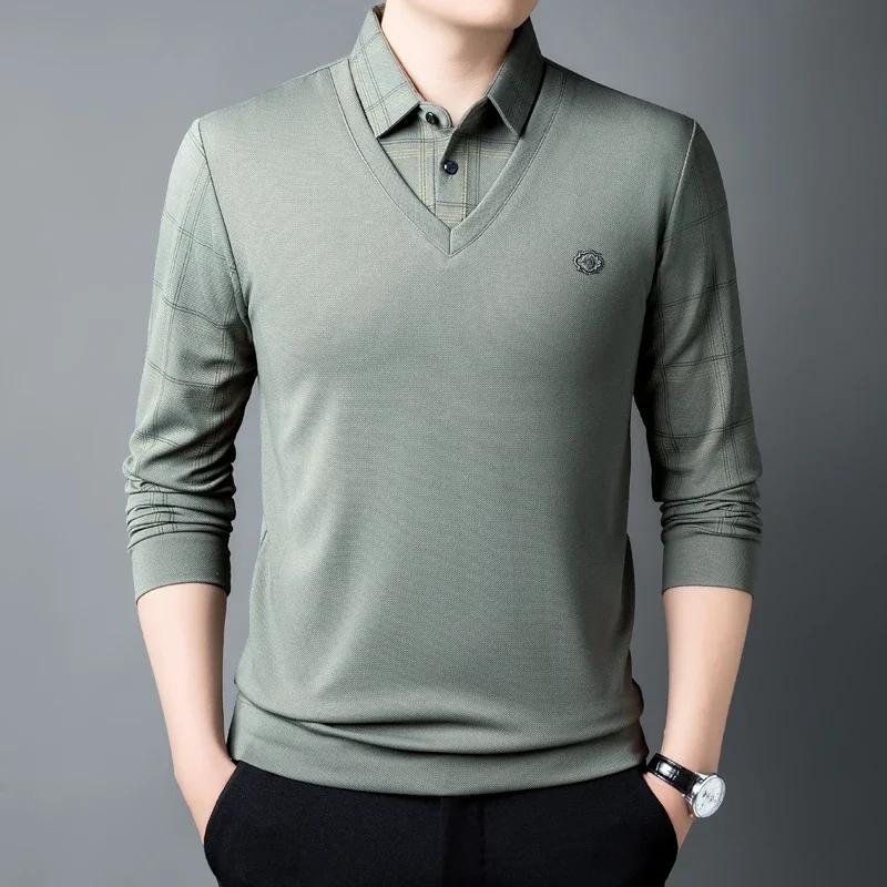 

Tfetters Brand Fake Two Pieces T Shirt For Men Spring Autumn Business Casual Long Sleeve T Shirt Man Fashion Office Clothes Men 3XL зелёный