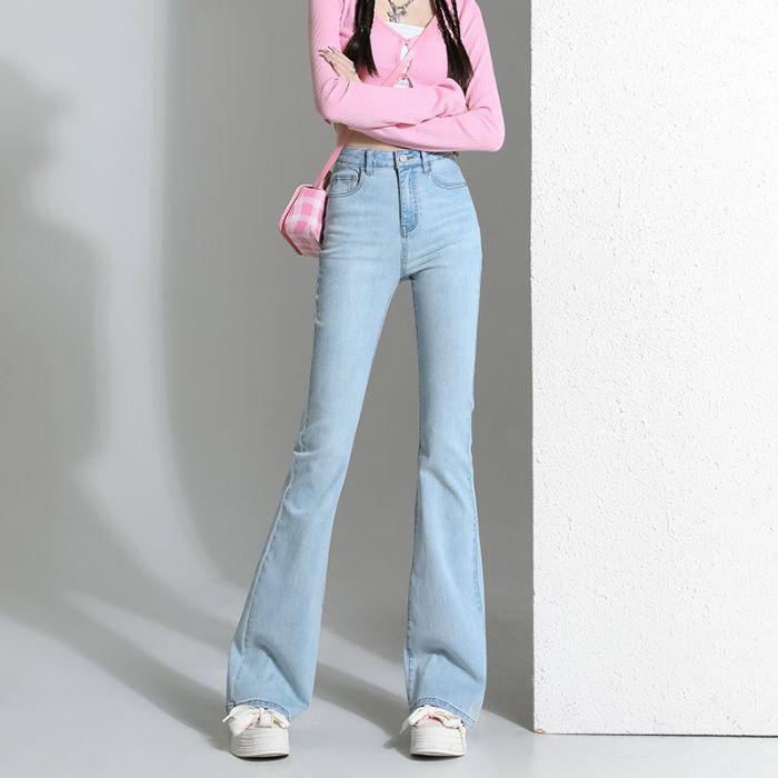 

Женские джинсы клеш ретро светло-голубого цвета с высокой посадкой - Маленький размер, стрейч, облегающие L