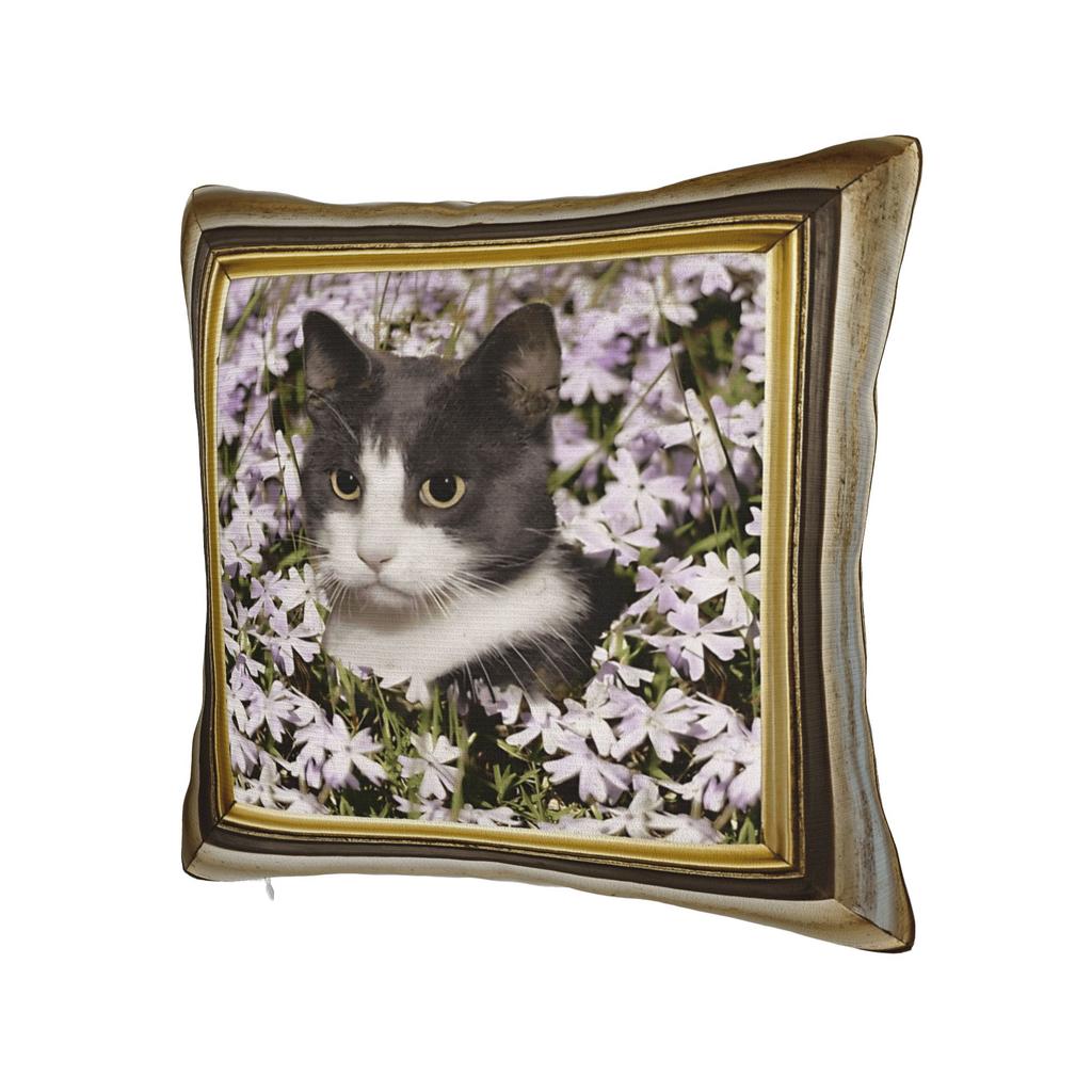 Cute Caroon Cat Portrait Photo Frame Art Pillow Case Design Pillow Cover For Couch Sofa Bedroom Retro Trendy Pillowcases
