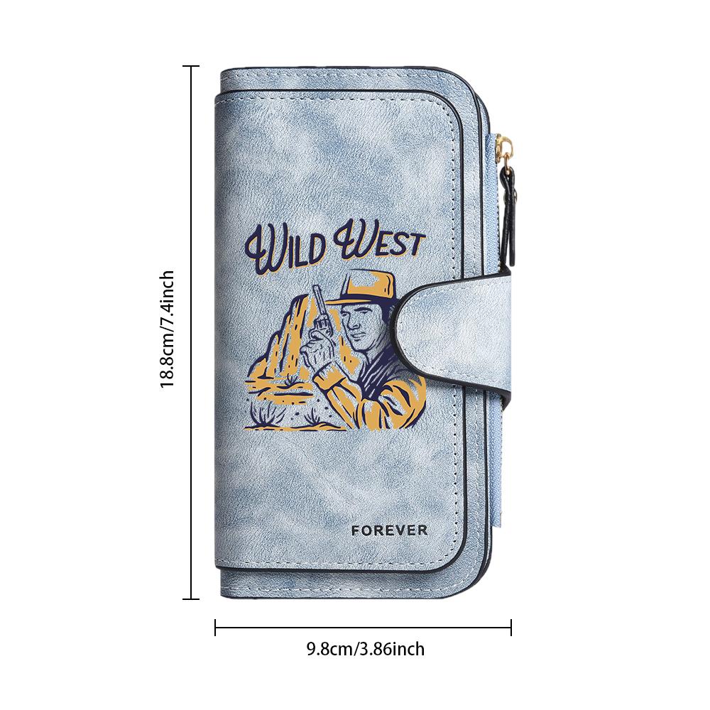Wild West Print Long Wallet Forever Leather Purse Card Holder Retro Western Style