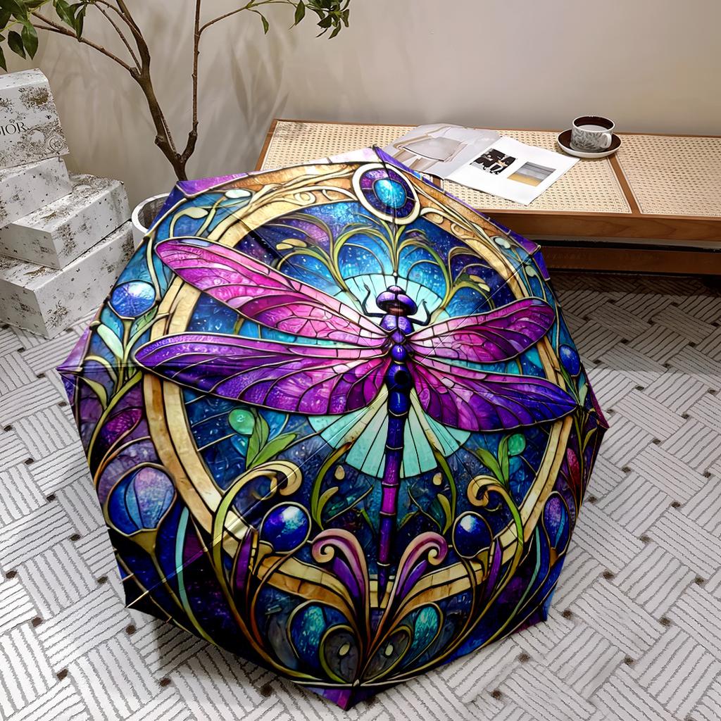 1pc Automatic Open/Close Umbrella with Stained Glass Dragonfly Design - Purple, Blue, Golden, Black, Teal, - Compact Folding U