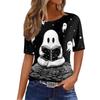 Womens Casual Short Sleeve Pullover Top Halloween Ghost Print Round Neck Relaxed Fit Tee Shirt