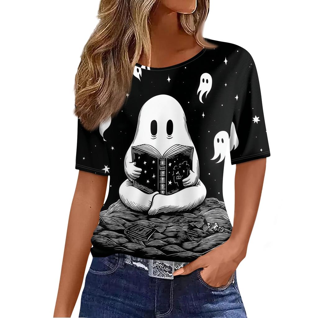 Womens Casual Short Sleeve Pullover Top Halloween Ghost Print Round Neck Relaxed Fit Tee Shirt