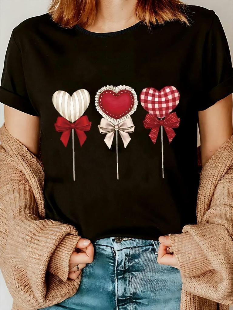 Women'S Valentine'S Day Casual T-Shirt  Anime Heart Pattern with Embossed Flower Design a Must-Have for Summer Parties Trendy