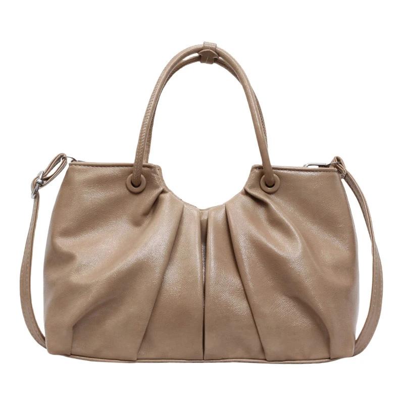 Vintage Pleated Women Crossbody Bag Fashion Pu Leather Tote Bucket Bag Large Capacity Commuting Shoulder Handbag