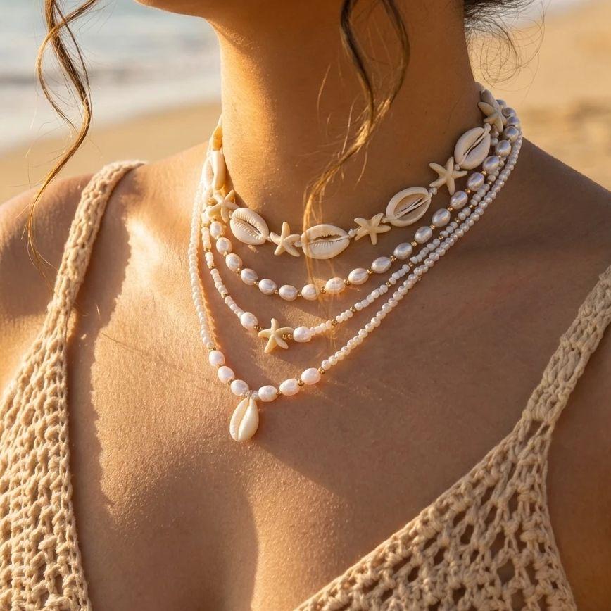 Bohemian Handgefertigter Seestern Sonne Anhänger Halskette für Damen Sommer Muschel Imitation Perle Reiskorn Perlen Choker Strandurlaub Schmuck