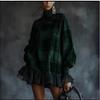 Women's High Neck Long Sleeve Plaid Mini Dress Ruffle Hem Oversized Loose Tunic Dress Casual Commuter Daily Outfit For Spring Wear