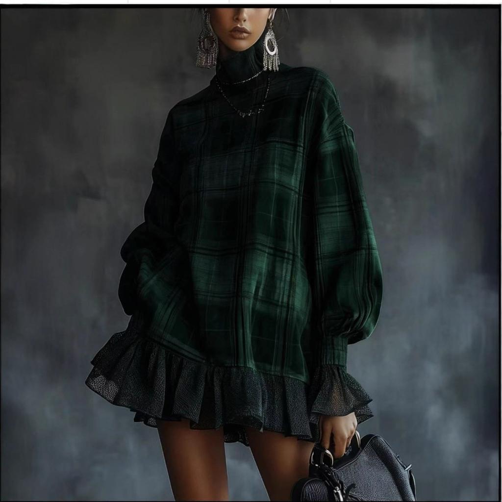 Women's High Neck Long Sleeve Plaid Mini Dress Ruffle Hem Oversized Loose Tunic Dress Casual Commuter Daily Outfit For Spring Wear