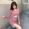 Hong Kong Style Chic Cutout Crop Top & Body-Hugging Long Sleeve Dress