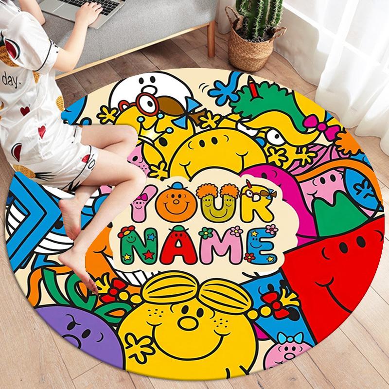 Mr Men Adventure Custom Name Round Area Rug Carpet Rug For Living Room Bedroom Sofa Playroom Decor Nonslip Floor Mat