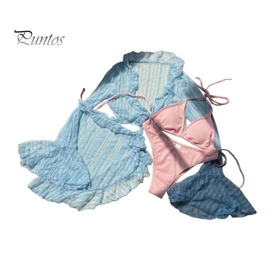 

4 шт./комплект женский сексуальный купальник бюстгальтер на шее с трусиками на шнуровке комплект с оборками пляжный стиль длинный рукав накидка топ юбка комплект M