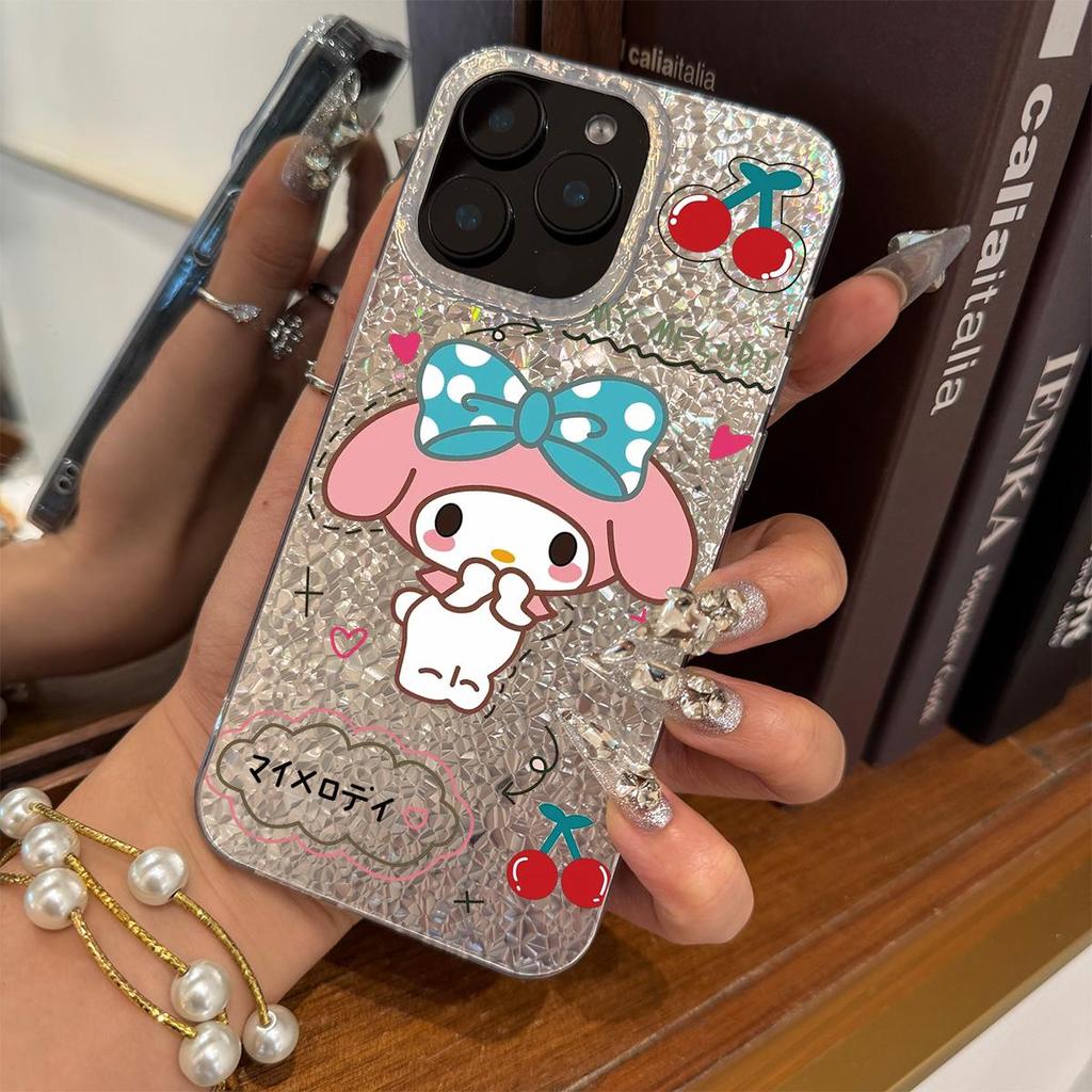 Case for iphone 14 Air 15 17 Pro 12 18 Pro Max XR 16 Plus 13 11 XS Max Silver Glitter Crackle Background Cinnamoroll with Cherry