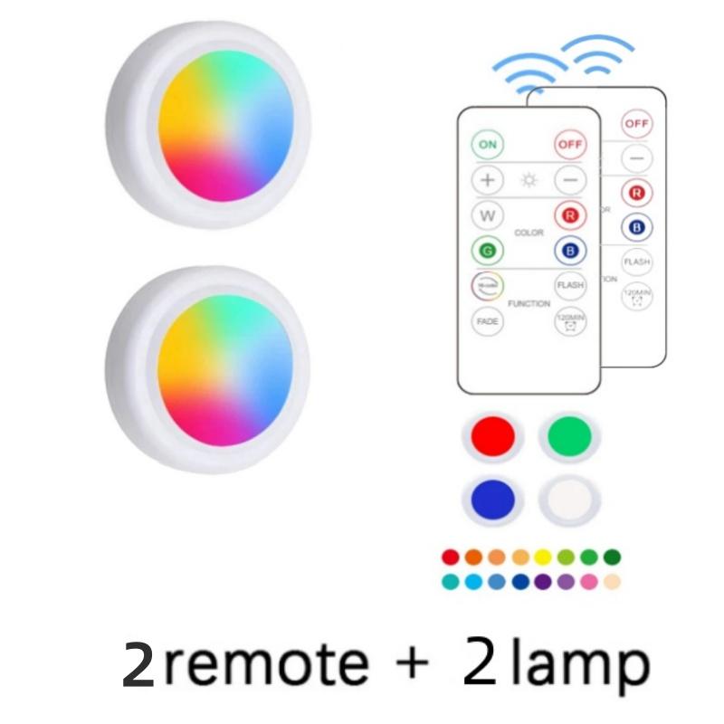 

RGB цветные подсветки под шкафом с дистанционным управлением, регулируемая яркость, ночник для гардероба, беспроводной светодиодный светильник на батарейках для кухни, спальни, шкафа