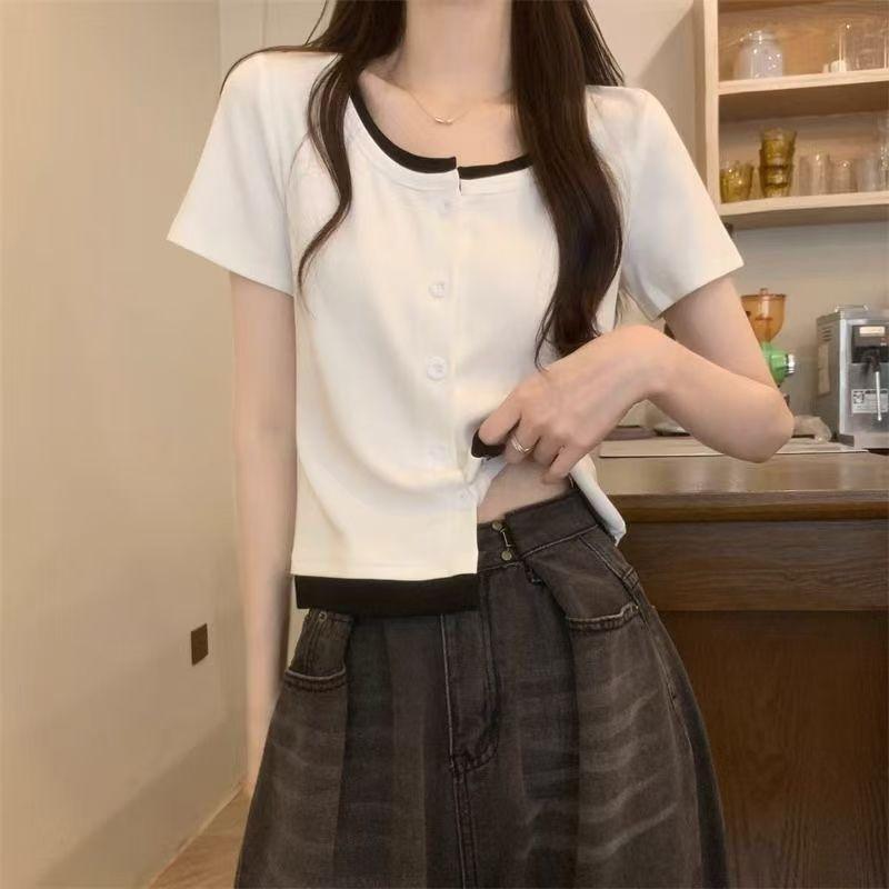 

Fake Two Pieces Patchwork Pullovers Summer Contrasting Colors Women s Clothing Round Neck Button Casual Short Sleeve T-shirts M