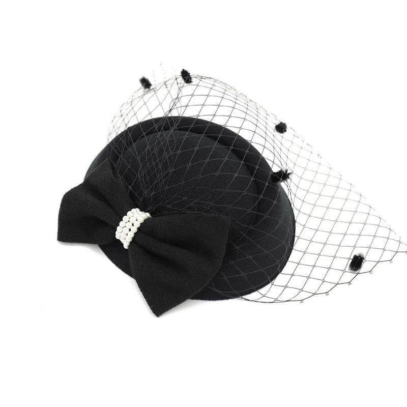 Black Mesh Headdress Stewardess Hat French Temperament Pearl Bow Hair Clip For Women