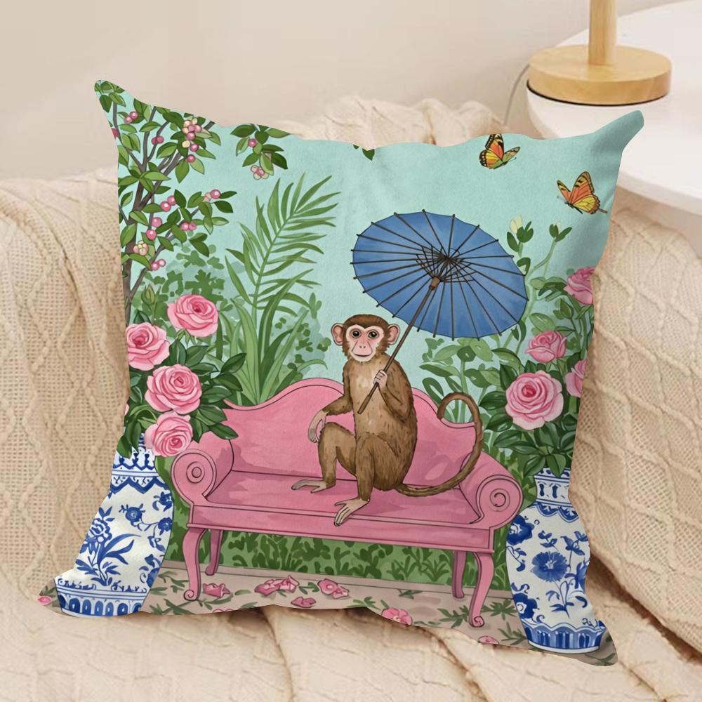 Monkey in chinoiserie garden Cushion Cover Soft Plush Fabric DoubleSided Printed Cushion Covers for All Seasons Home Decor
