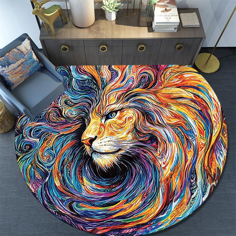 Abstract Goat and Lion Round Area Rug,Carpet Rug for Living Room Bedroom Sofa Playroom Decor,Non-slip Floor Mat