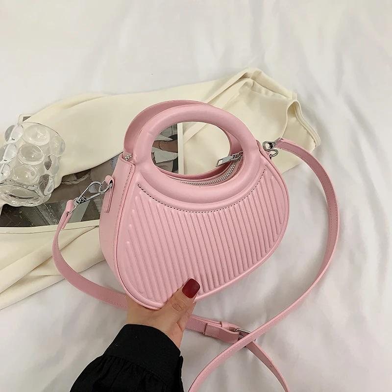 Half Moon Small Shoulder Bag For Women  Spring New Green Purple Handbags Pleated Design Pu Leather Crossbody Round Hand Bag