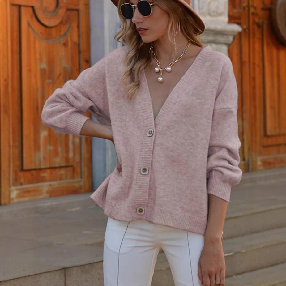 Neuer lässiger Strick-Cardigan mit V-Ausschnitt - Einfarbiges Damen-Oberteil für Herbst/Winter