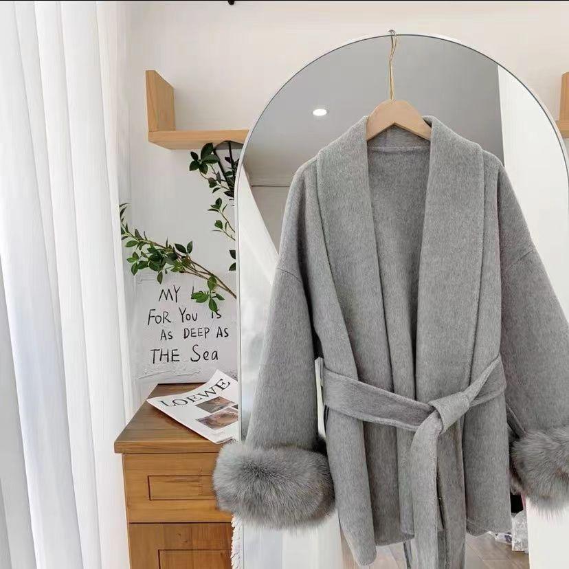 Fox Fur Cuff Woolen Coat - Women's Winter Slimming Style