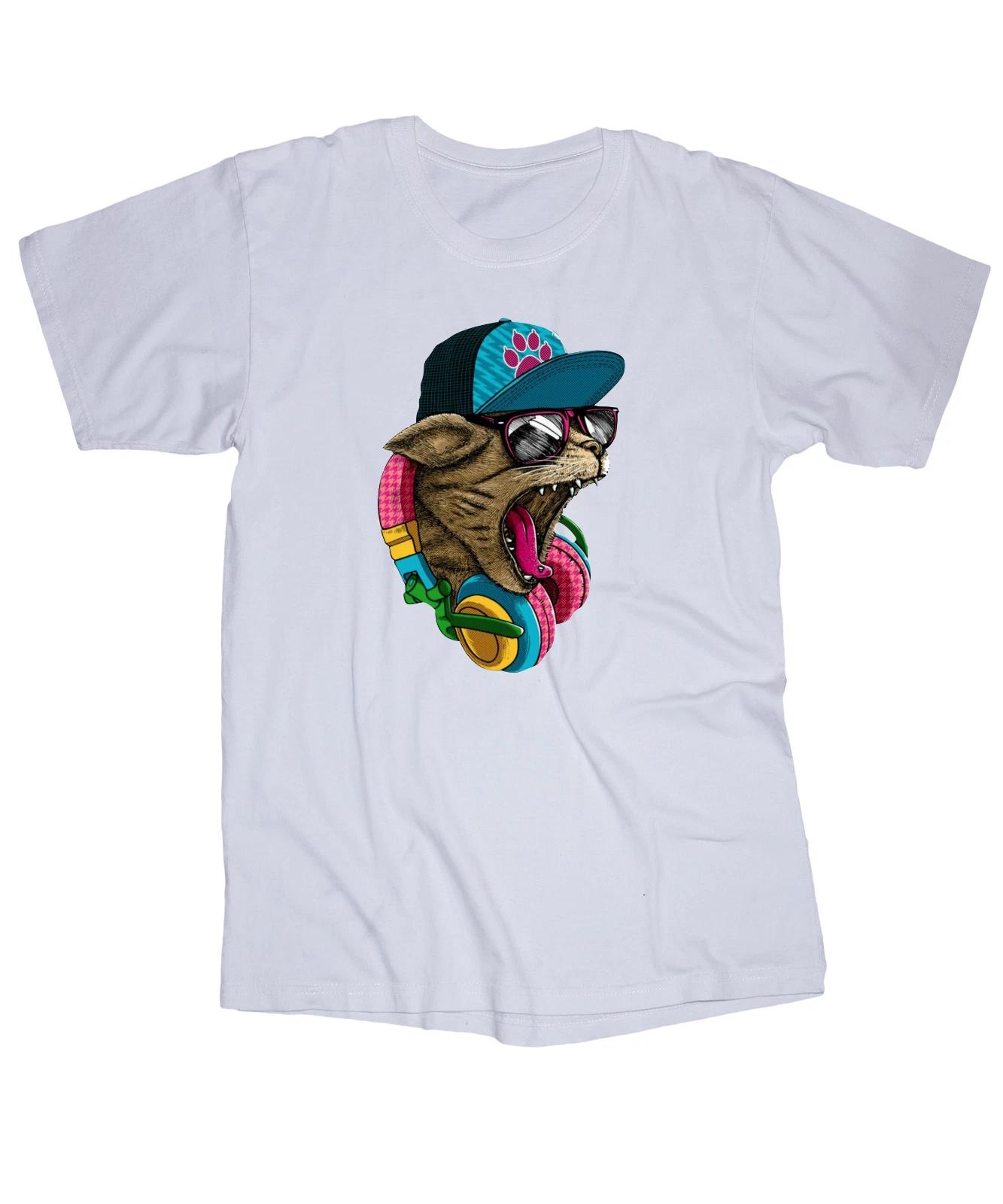 Cat headphones glasses hat music White T-shirt 4XL
