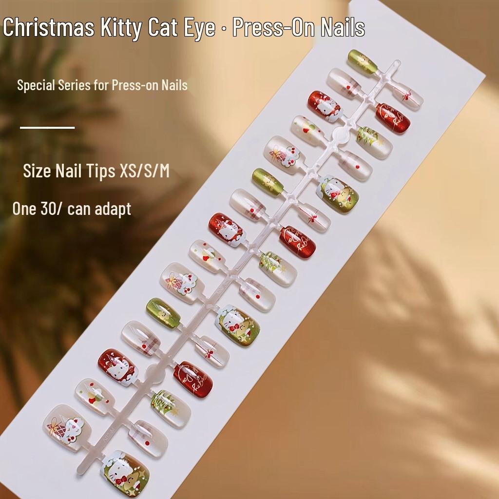

Christmas Kitty Cat Eye Press-On Nails - Cute Dopamine False Nails Set