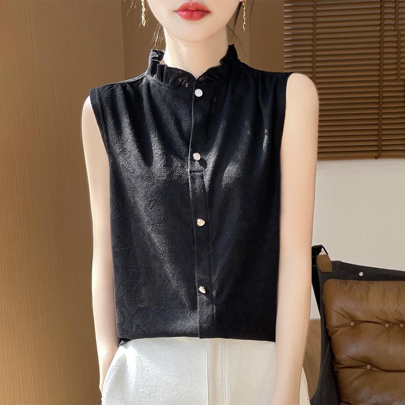 

Женский осенне-зимний топ-жилет без рукавов из мерсеризованного бархата с оборкой на воротнике и пуговицами Extra Large