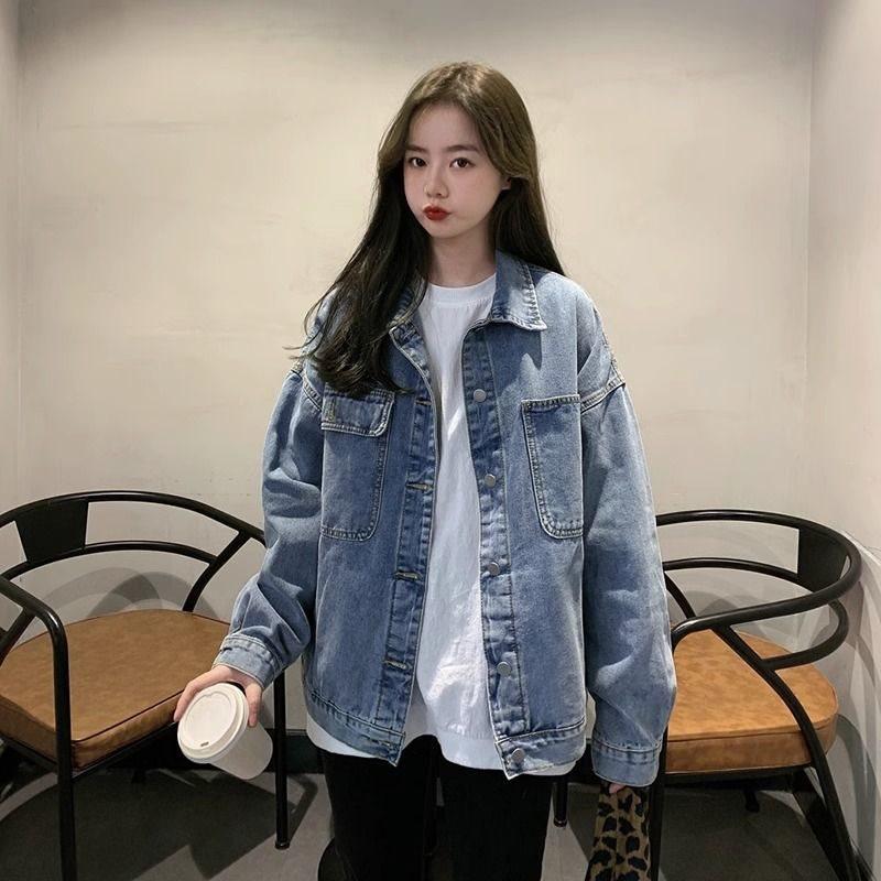 

Women s Oversized Denim Jacket - Hong Kong & Korean Style, Spring/Autumn, Long Sleeve, Plus Size S: 85-100 lbs