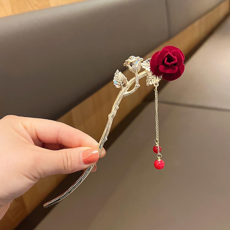 Vintage Rose Haar Sticks Hairwear Für Frauen Einfache Blume Rote Haarnadel Haar Zubehör Essstäbchen Scheibe Hairstick Kopfschmuck Schmuck
