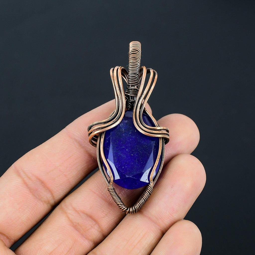 Lab-Created Blue Sapphire Gemstone Handmade Pure Copper Wire Wrapped Pendant Jewelry For Memorial Day