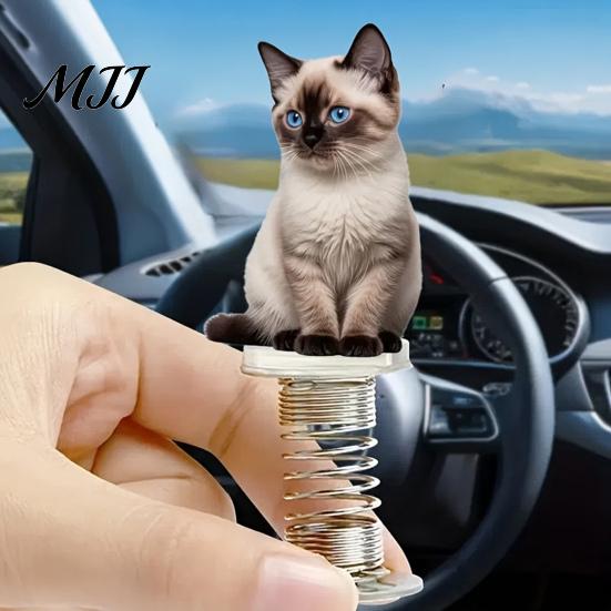 Miniature Cat Dashboard Ornaments Cute Car Decorations with Spring Swing Design, 2D Flat Acrylic Kitten Non Marking Adhesive Decor Ornaments,