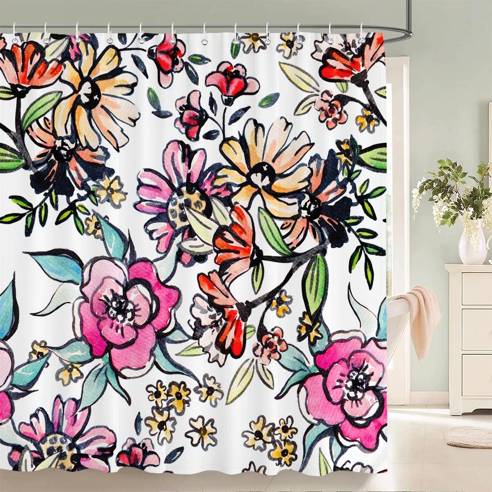 3D Printed Fabric Shower Curtains Fresh Flowers Plant Bath Screens Waterproof Bathroom Decor with 12 Hooks Shower Curtain