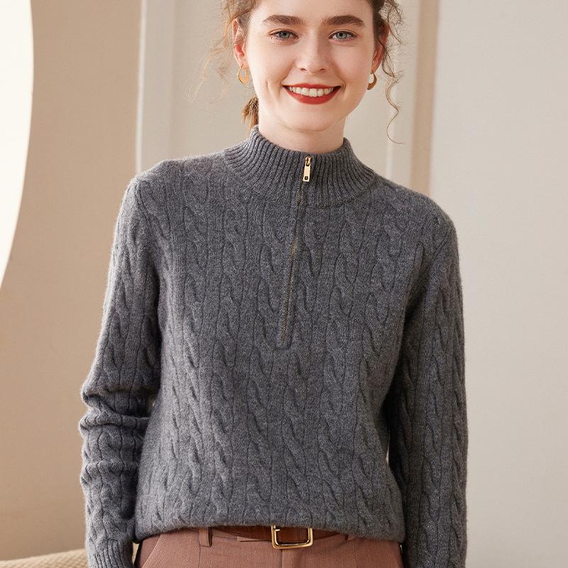 Women's Cable Knit Cashmere Zipper Sweater – Thick High Collar, Warm and Loose for Autumn Winter