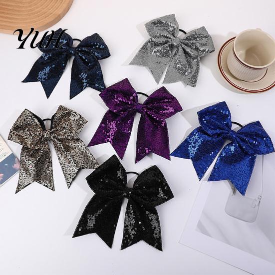 Stage Costume Accessories Sequins Hair Bows, Elastic Tie, Large Cheerleading Shiny Bows for Girls Band Ponytail Holder, Glitter Scrunchies Women Teens