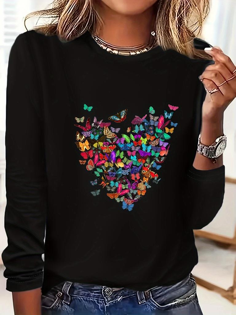 Women's Crew Neck Long-Sleeve Tops with Butterflies Heart Design Print Graphic Vintage T Shirt Y2k Outfit Clothes Female Ladies