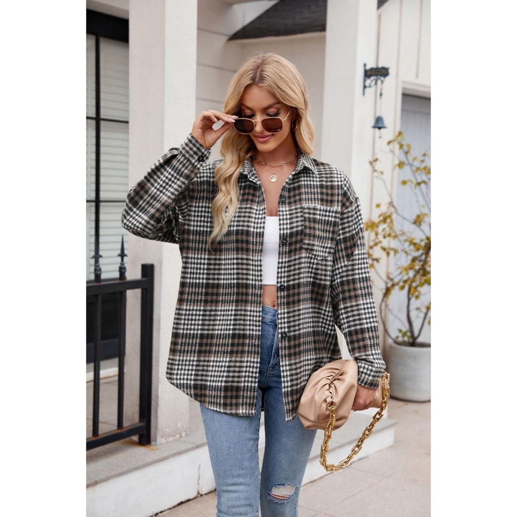 Women's Clothing, Thousand Bird Plaid, Buttons, Flannel, Woolen Shirt