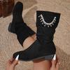 Suede Stack Boots Women's Round Toe Sleeve Rhinestone Soft Slip Anti-Wear Mid-Cylinder Boots
