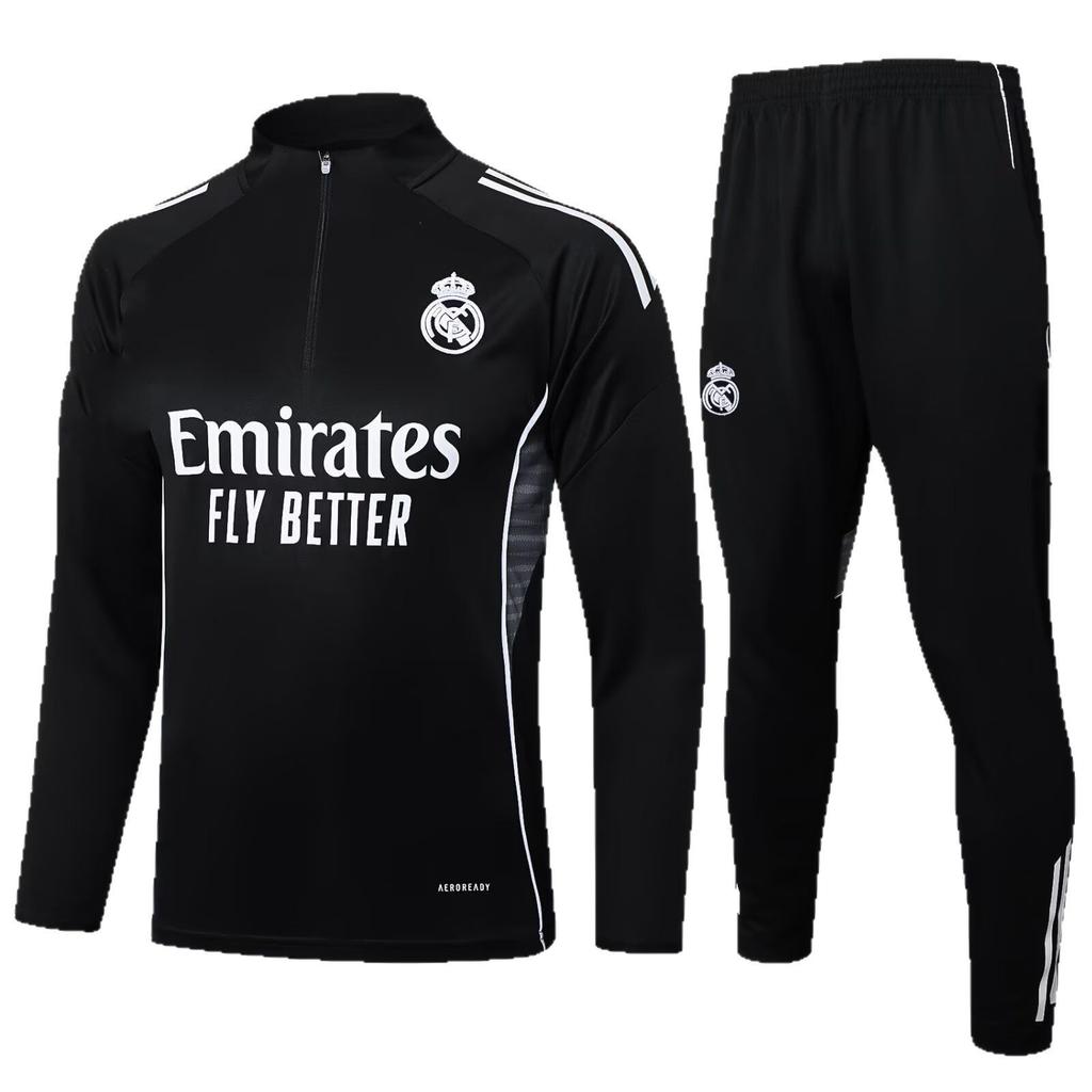 Fußball Trainingsshirt Langarm Real Madrid Trikot Erwachsene Herbst und Winter Teamsportbekleidung Halbreißverschluss Fußballtrikot Set