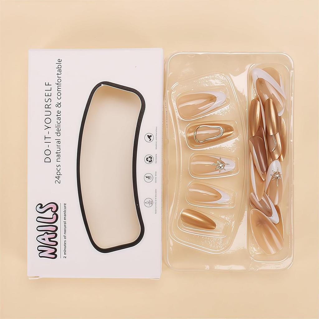 24Pcs White French Tip Press on Nails Star Fake Nails with 3D Gold Design Short Almond Glossy Gold Curve Line False Nails Star Rhinestone Stick on