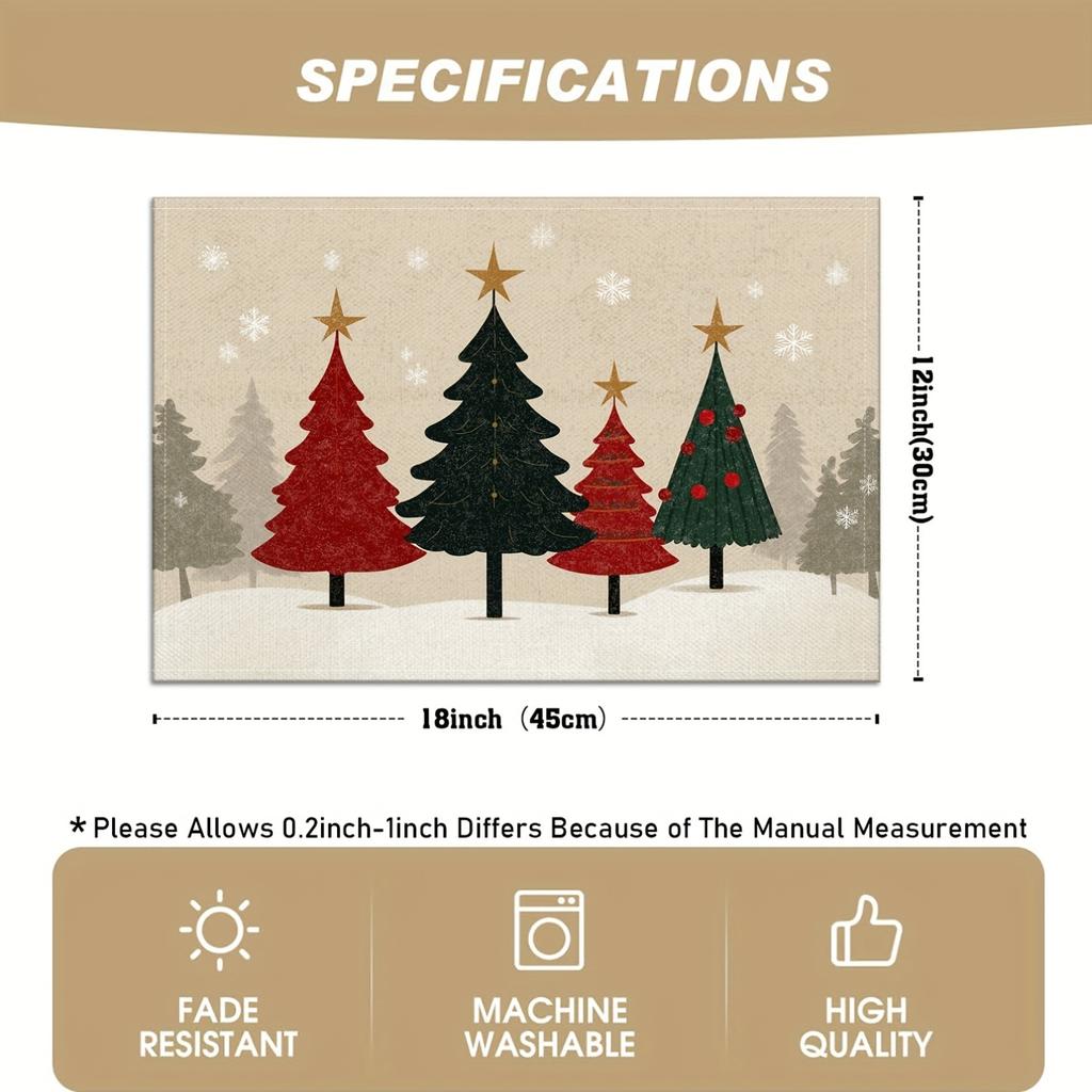 Set of 4/6 Holiday Christmas Placemats Featuring Pine Trees And Snowflakes, Perfect for Festive Dining Tables And Kitchen Decor. These Modern Linen Ta