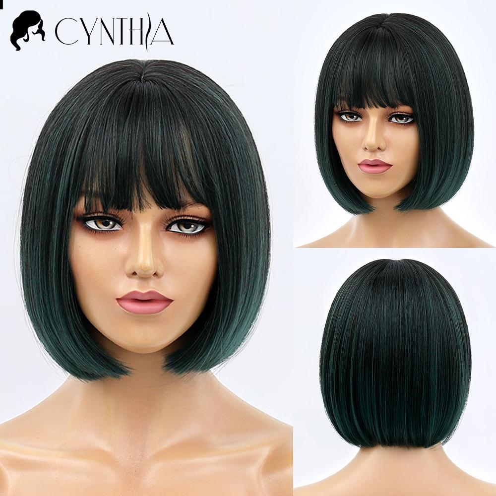 Green Short Bob Hair Synthetic Wig For Woman With Bangs Blonde Ombre Pink Cosplay Lolita Party Heat Resistant Daily Natural Hair