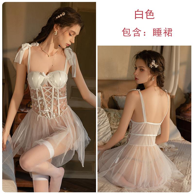 Women's Sheer Mesh Bow Low Cut Underwire Push Up Padded Lingerie Sleep Dress