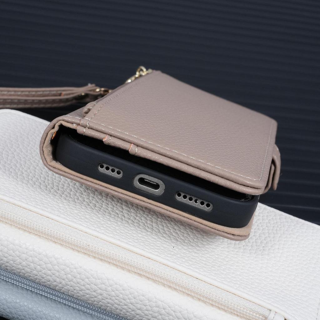 iPhone 17 Pro Max Reißverschluss Crossbody Handyhülle mit Lanyard & Spiegel Klapphülle