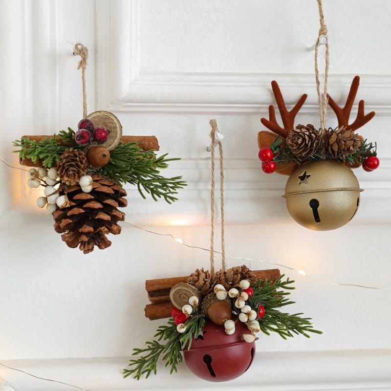 Antlers Pinecone Christmas Bells Durable Metal Fabric Decorations For Tree Home Party